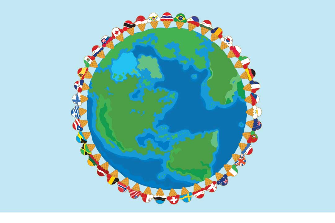 En illustreret jordklode omgivet af isvafler med internationale flag i stedet for is